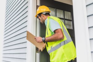 Inspector reviewing a home’s basement systems with buyers beside a written inspection report
